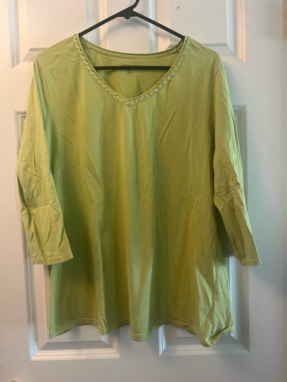 Coldwater Creek Light Green V-Neck Embellished Three-Quarter Sleeve Top